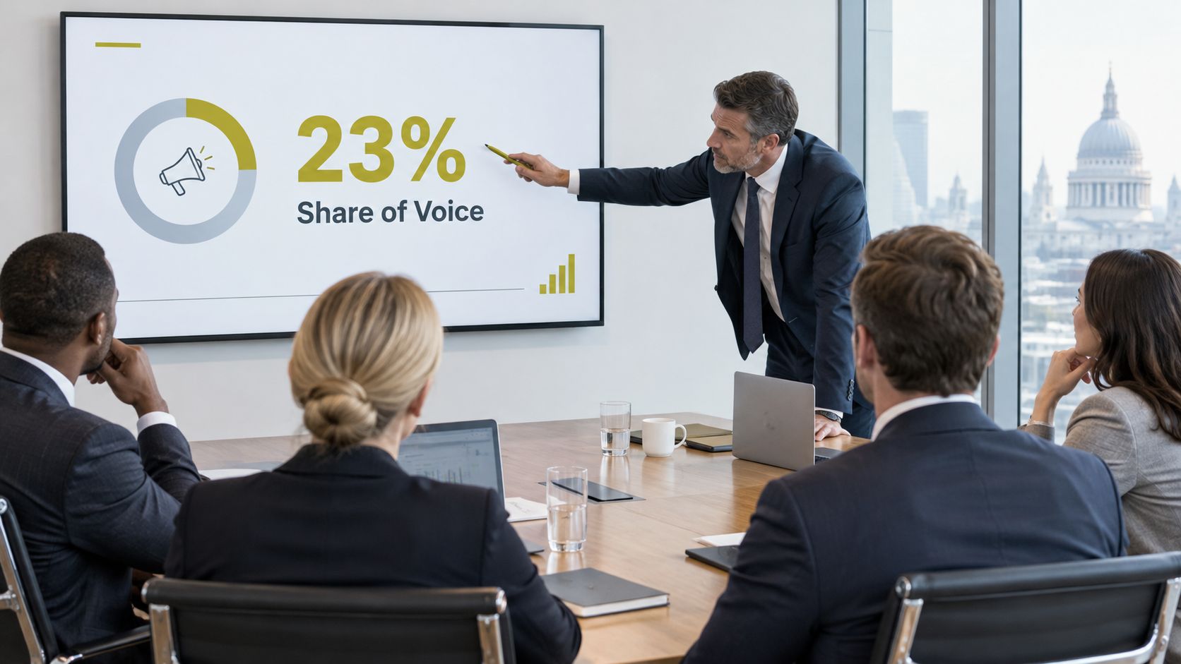 A professional business meeting where a man presents a share of voice analysis on a screen.