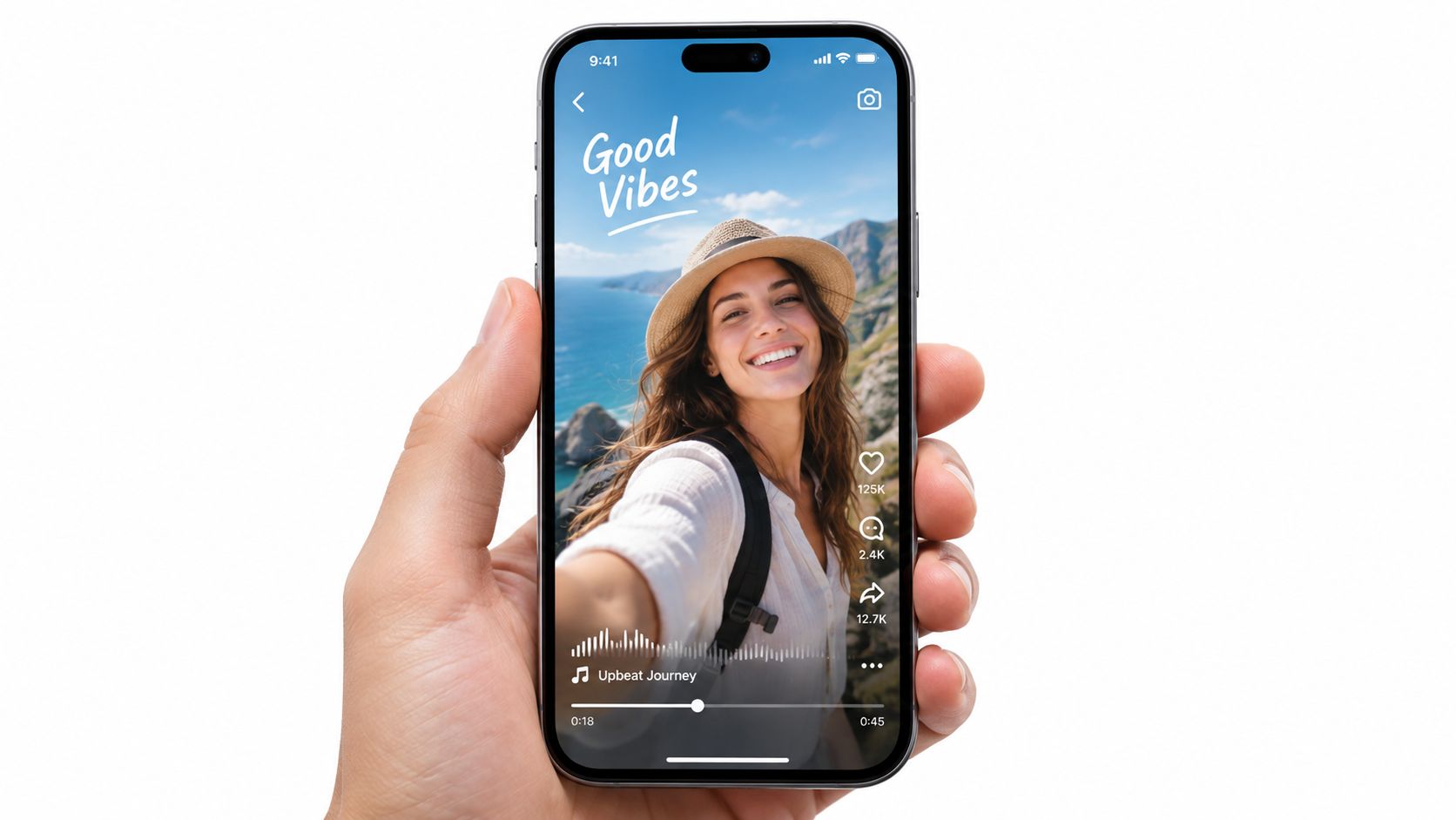 A hand holding a modern smartphone displaying a social media video post with travel content.