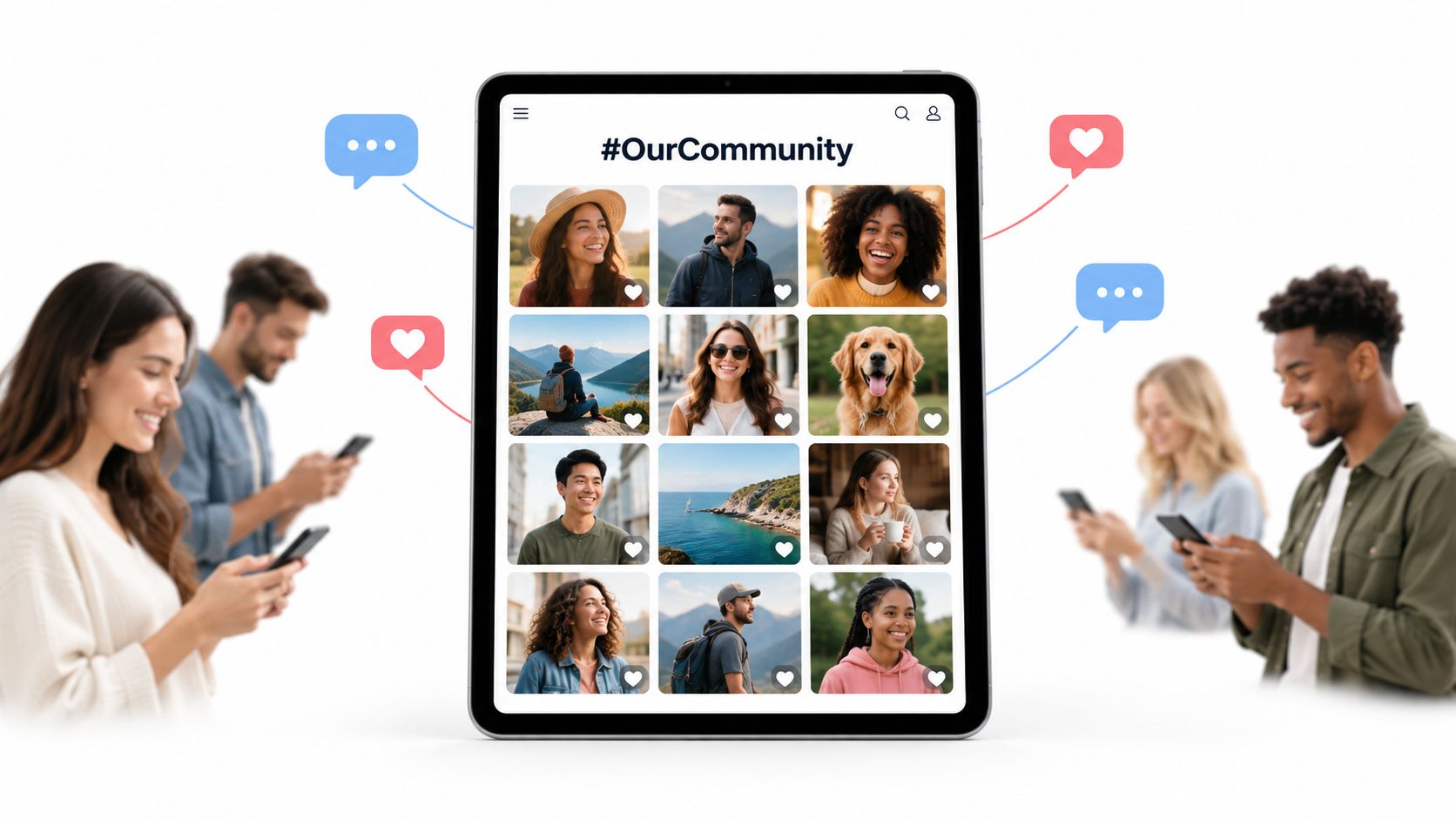 A tablet displays a social media feed with various user photos surrounded by digital icons of people.