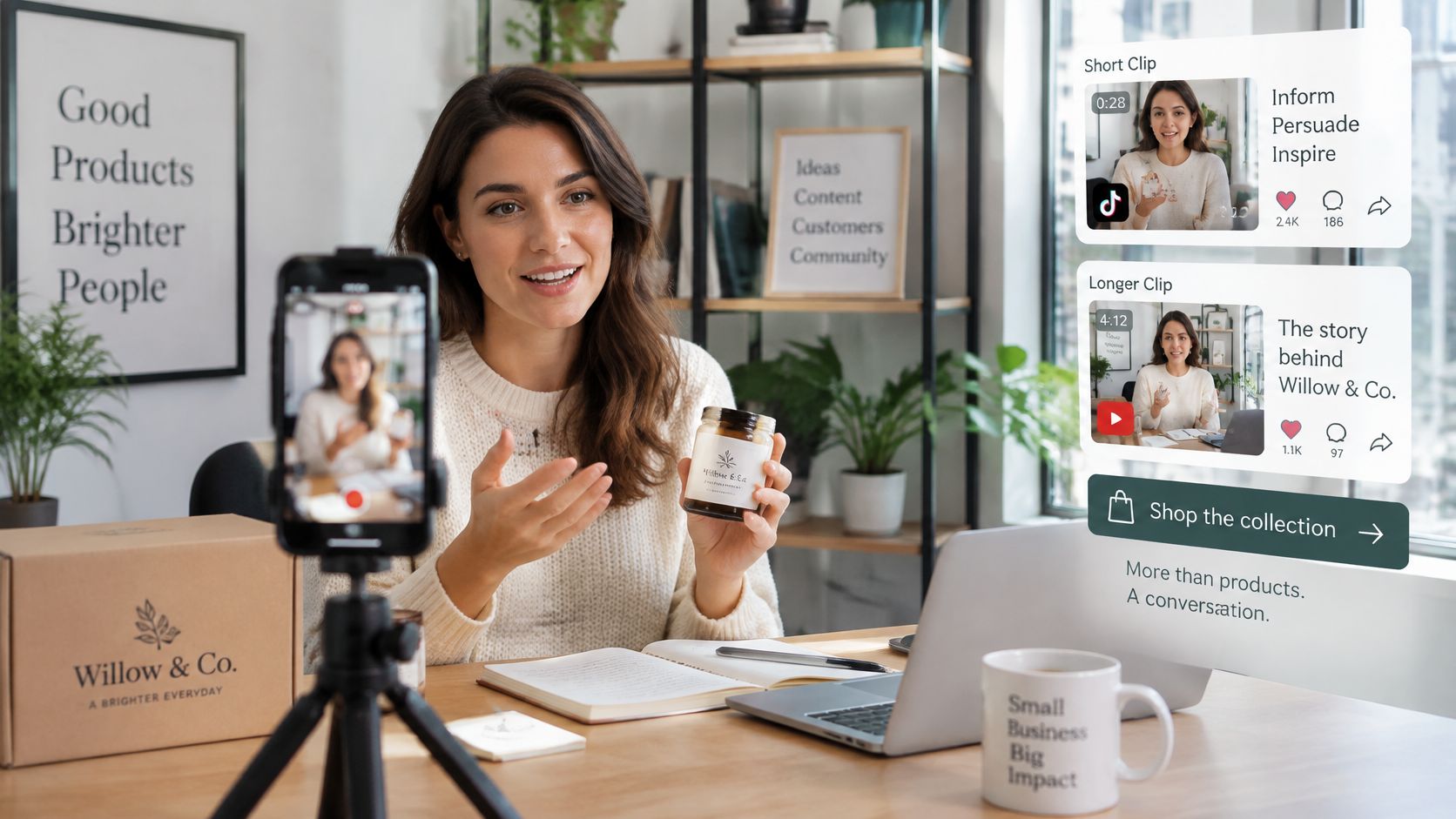 A content creator filming social media marketing videos while holding a product for her small business.