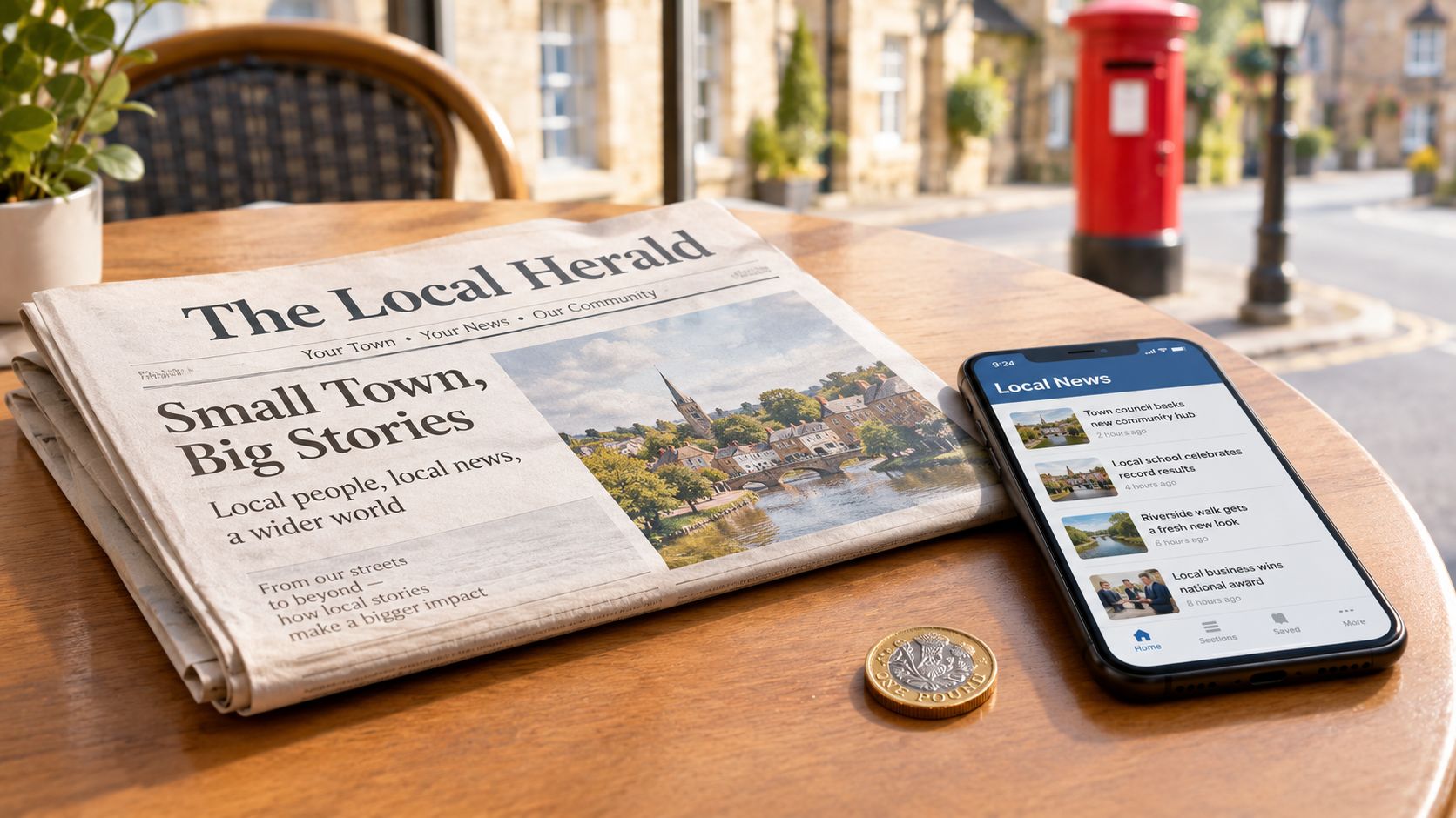 A printed copy of The Local Herald newspaper next to a smartphone displaying local news on a wooden table.
