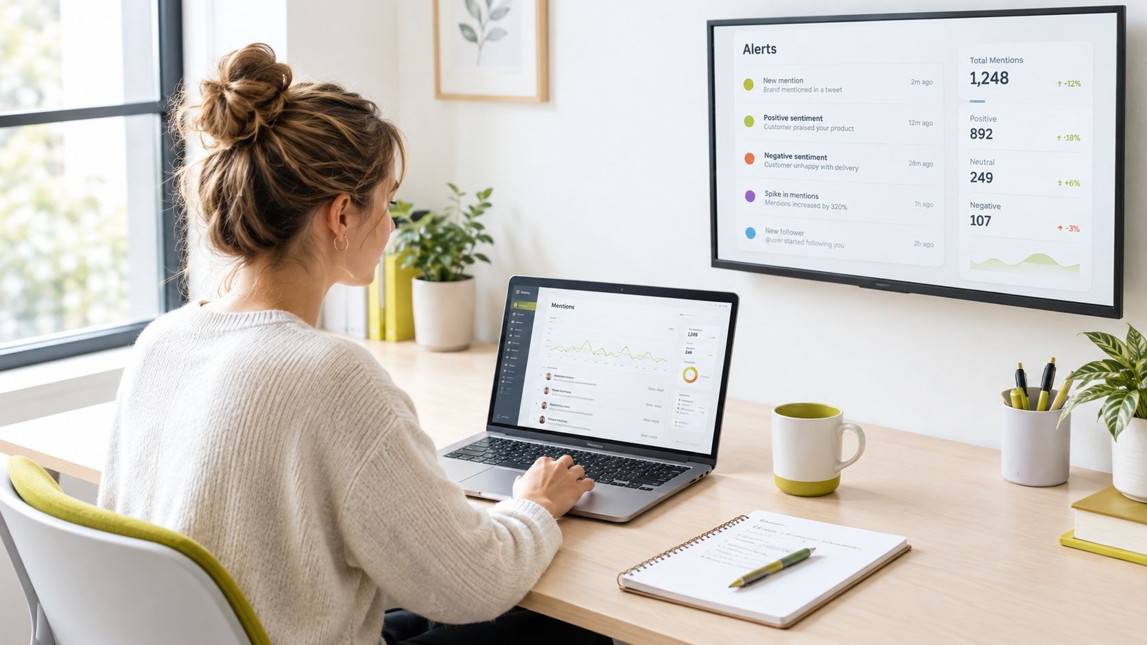 A young woman working on her laptop at a desk while monitoring social media analytics on a screen.