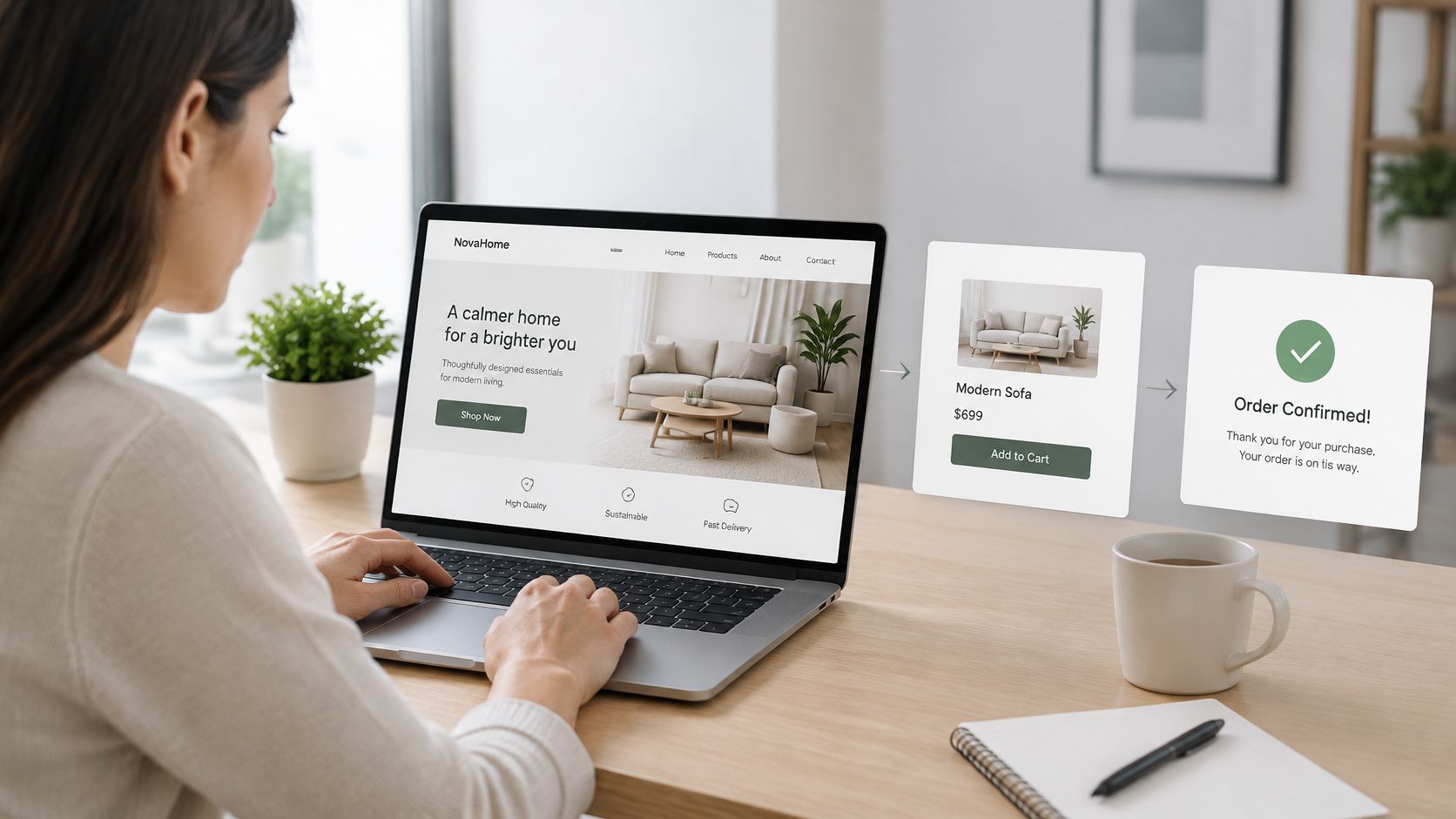 A woman using a laptop to complete a website conversion journey, from browsing furniture to order confirmation.